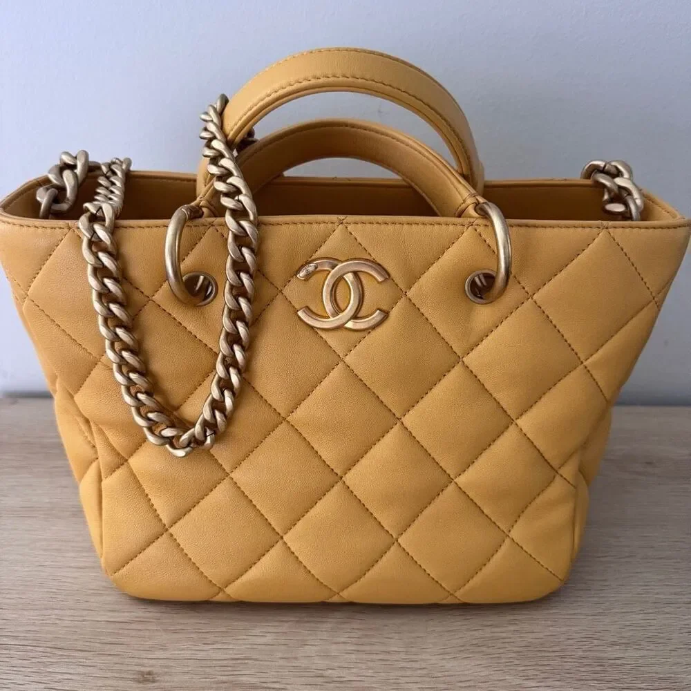 Chanel Lambskin Quilted Small Top Handle Shopping Bag Yellow